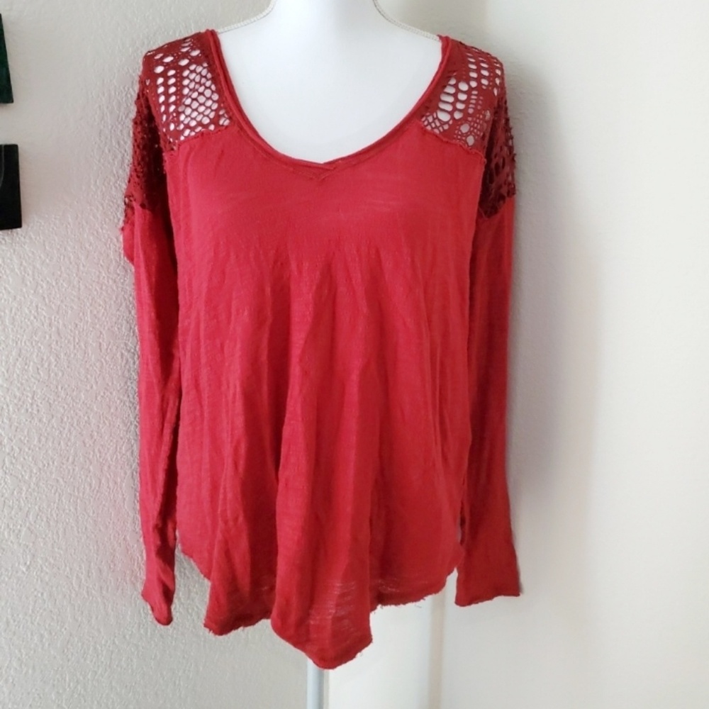 We The Free Red Crocheted Long Sleeve Shirt
